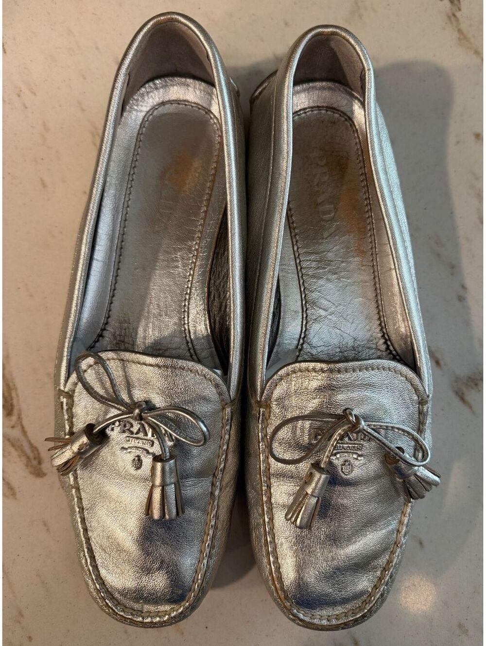 Prada Metallic Silver Leather Bow Tassel Driving Loafers Sz EU 38
